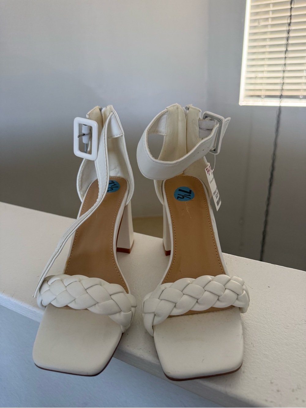 Nicole Miller White Braided Strap Heel Sandals with Ankle Buckle
